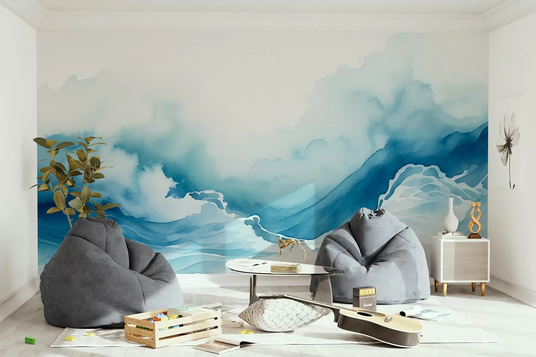 murales de pared Olas del mar en estilo acuarela en tonos azules w08655