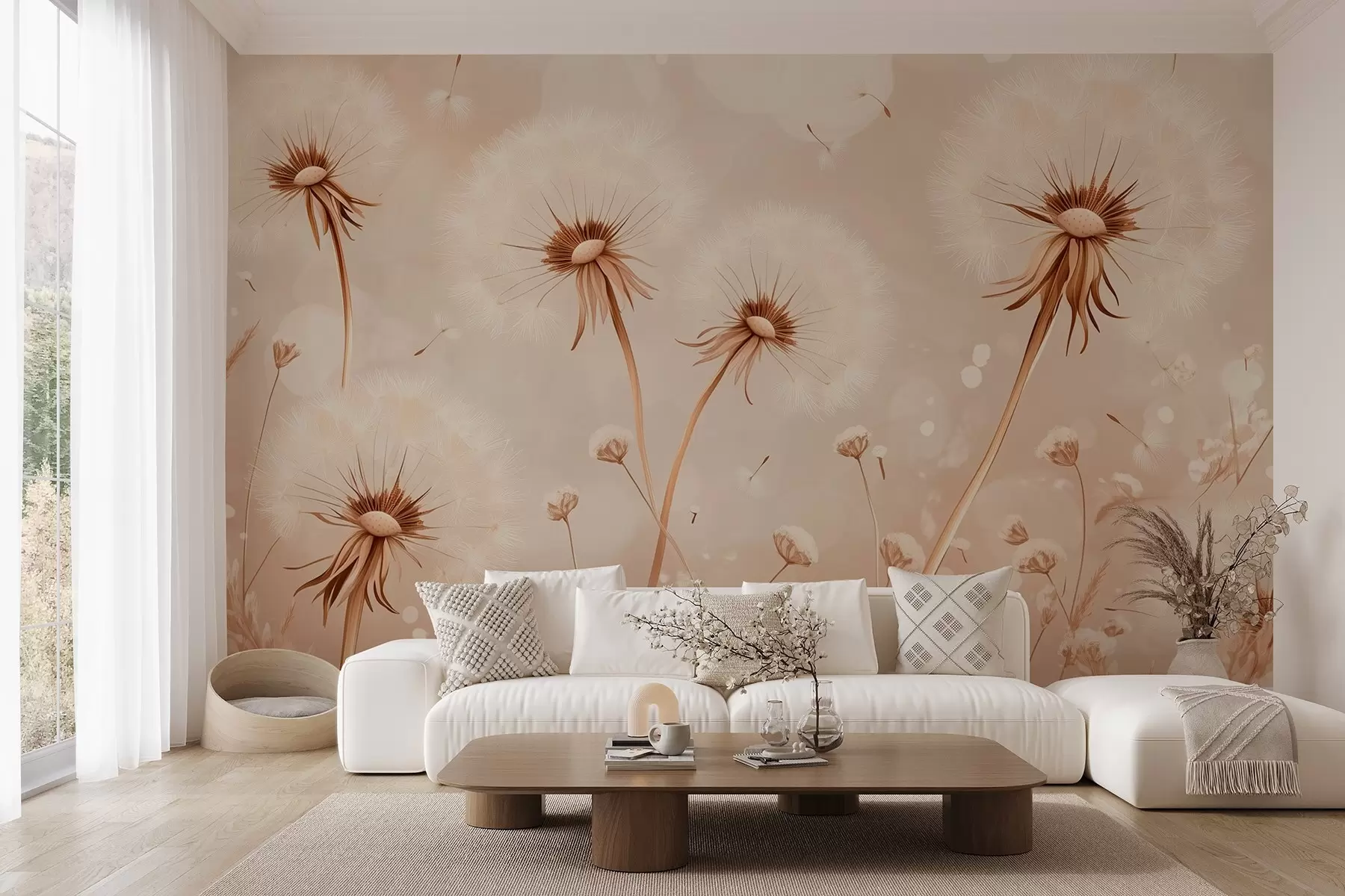 murales de pared Elegantes dientes de león y flores silvestres en estilo pictórico en tonos cálidos w08657