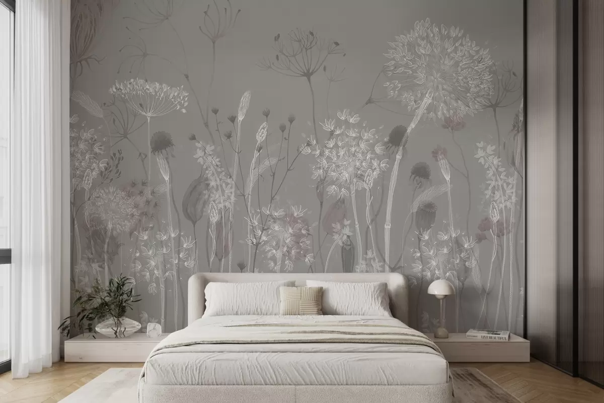 murales de pared Dientes de león y flores silvestres en estilo acuarela en tonos azul grisáceo w08637v3