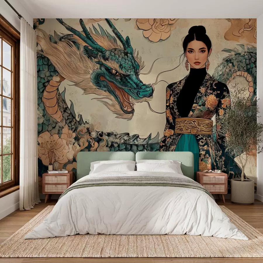 murales de pared Mujer con túnica y dragón, estilo oriental w02875