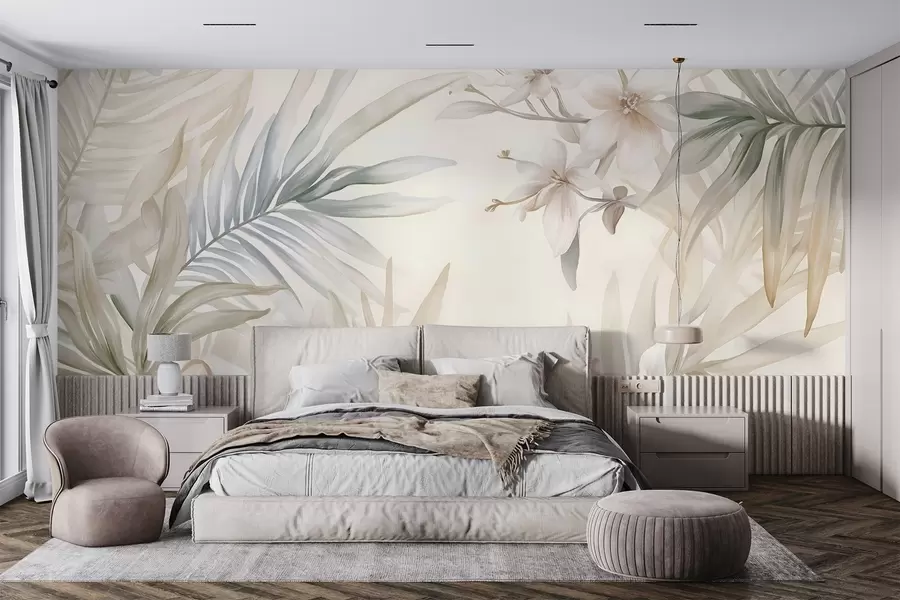 murales de pared Hojas y flores tropicales de colores pastel, con verdes claros, cremas y rosas sutiles w08660