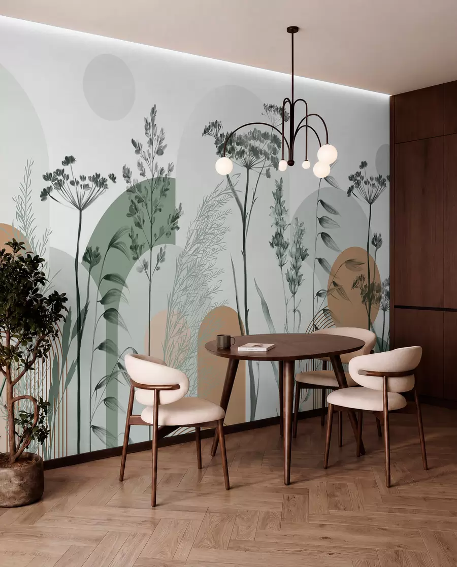 murales de pared Colección de plantas y flores en tonos neutros sobre fondo de arco abstracto en suaves tonos verdes y naranjas w08665v1