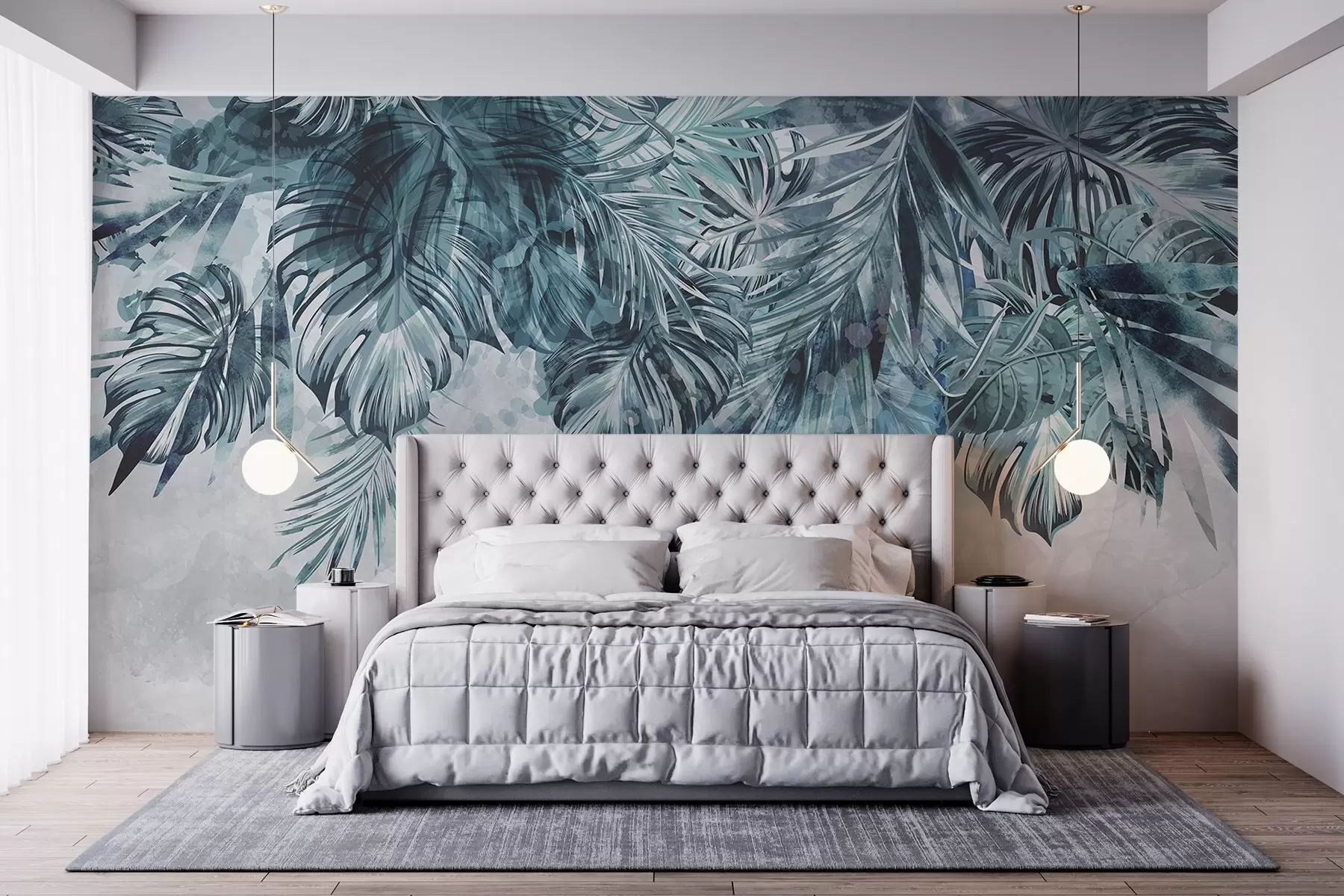 murales de pared Hojas tropicales en tonos verde azulado y verde, en cascada desde la parte superior, sobre un fondo claro y texturizado w08667