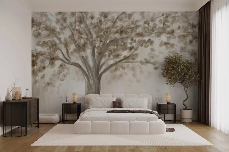 murales de pared Un gran árbol con hojas suaves y abstractas de color beige sobre un fondo claro y neutro que realza los tonos del árbol  w08669