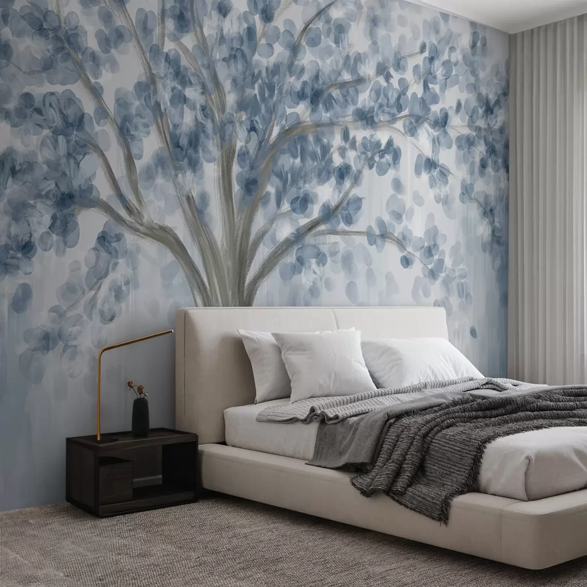 murales de pared Un gran árbol con hojas suaves y abstractas en azul sobre un fondo claro y neutro que realza los tonos del árbol  w08669v1