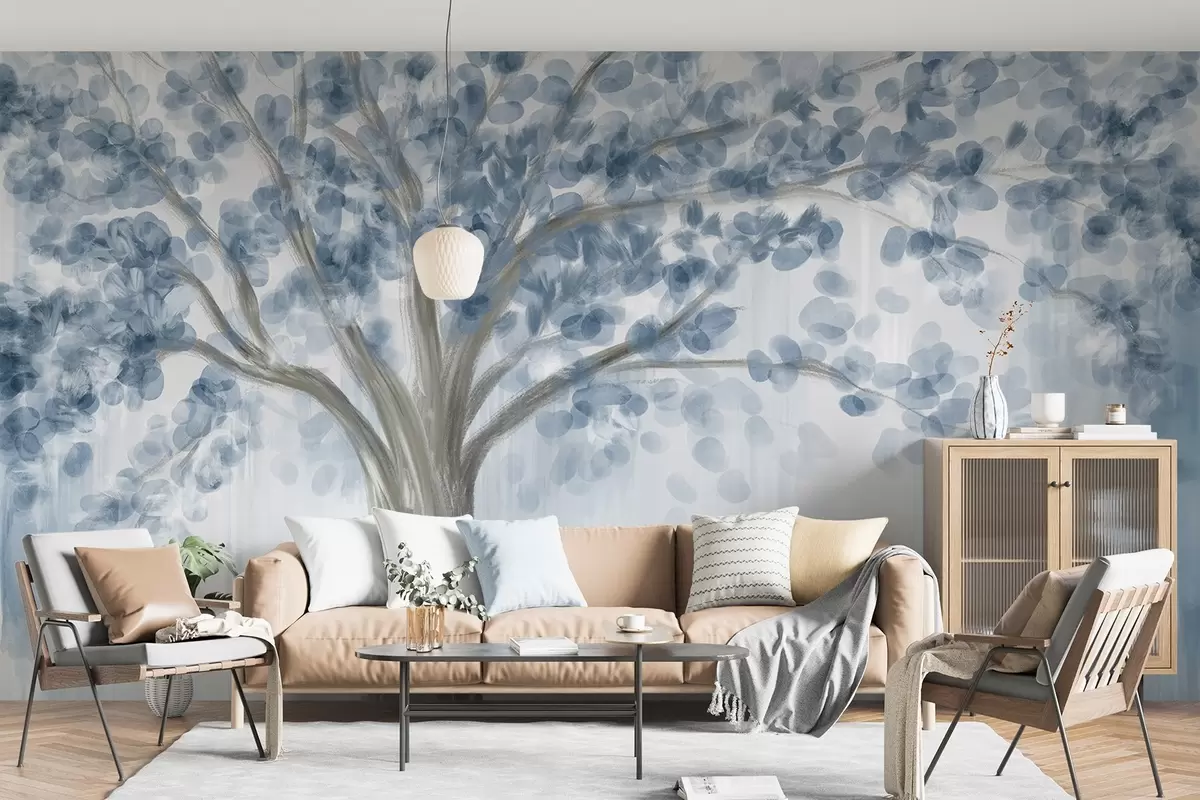murales de pared Un gran árbol con hojas suaves y abstractas en azul sobre un fondo claro y neutro que realza los tonos del árbol  w08669v1