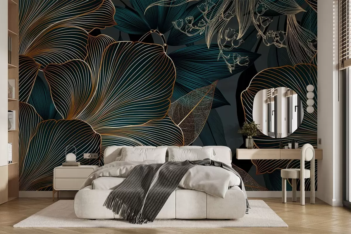 murales de pared Flores y hojas estilizadas con intrincadas líneas en tonos verde azulado y amarillo sobre fondo oscuro w08675