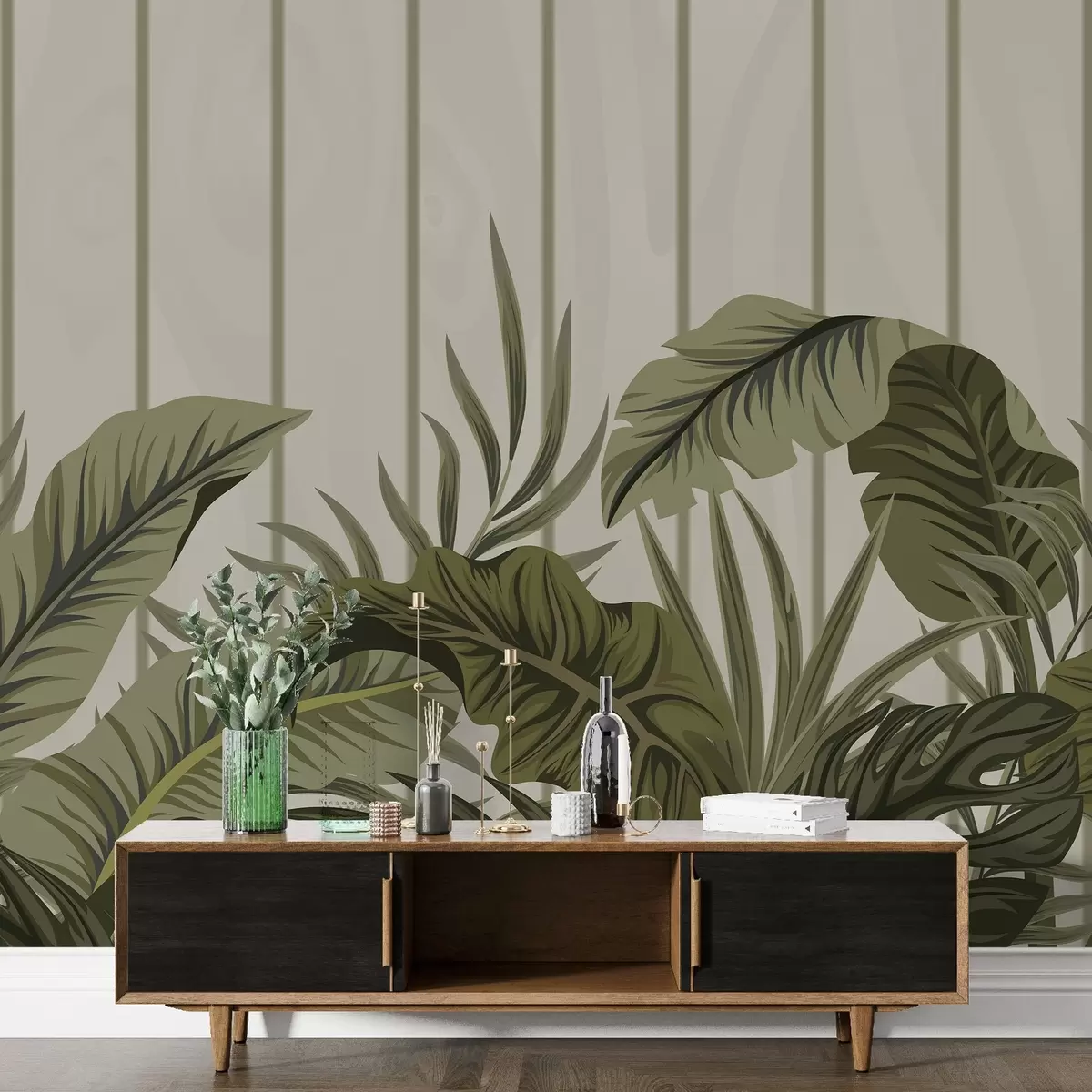 murales de pared Motivo de follaje tropical en tonos verdes y beige apagados sobre fondo claro con líneas verticales w08683v2