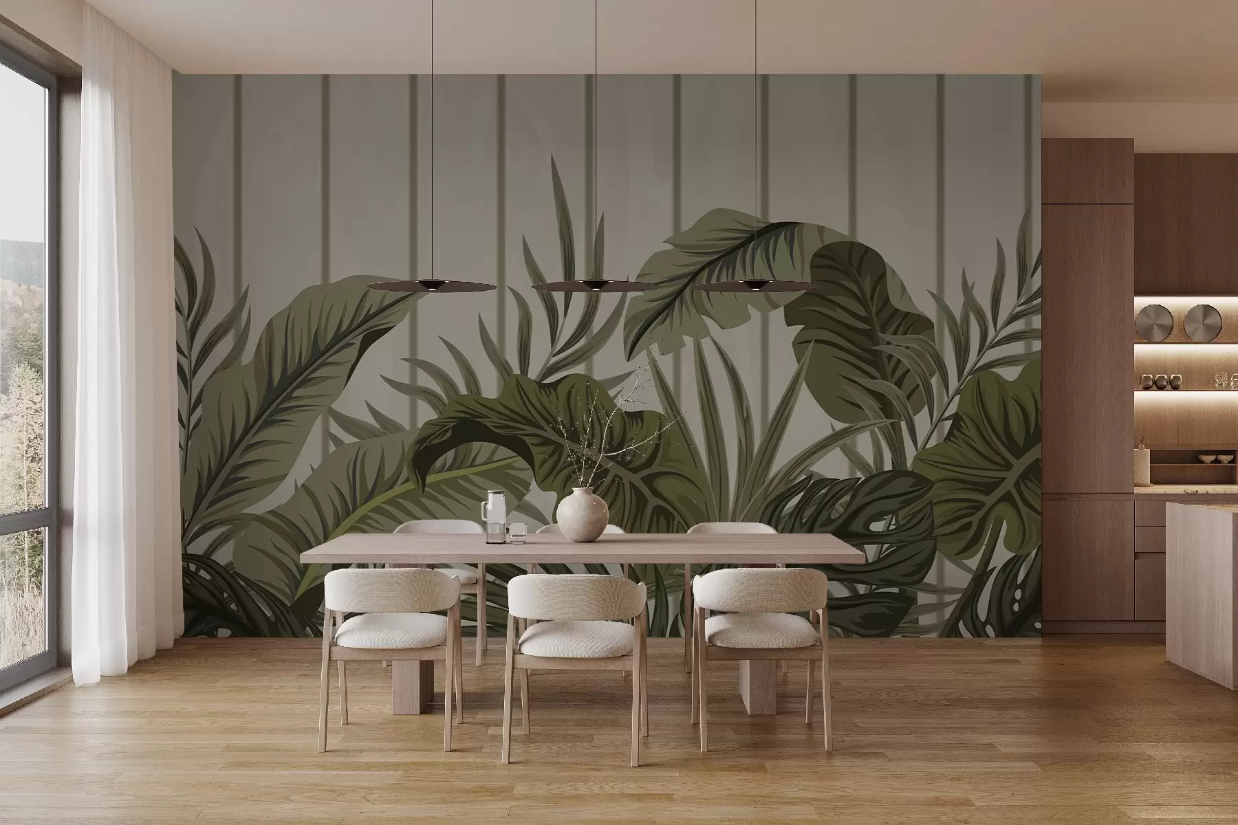 murales de pared Motivo de follaje tropical en tonos verdes y beige apagados sobre fondo claro con líneas verticales w08683v2