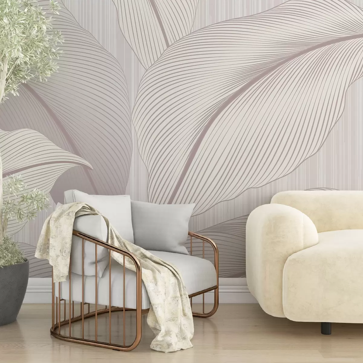 murales de pared Sutil estampado de grandes hojas en suaves colores pastel sobre fondo claro con ligeros detalles de textura w08684