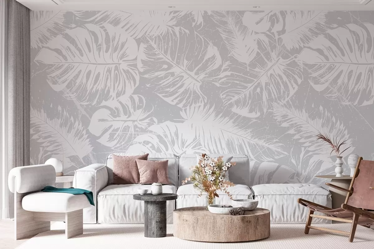 murales de pared Siluetas de hojas blancas sobre fondo texturizado w02895