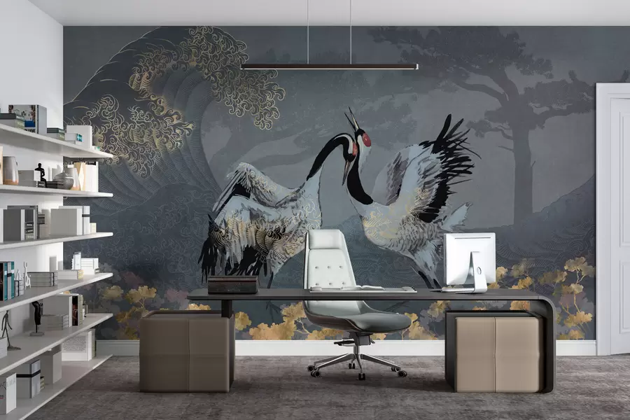 murales de pared Grullas, árboles y olas con elementos de estilo chino w02747