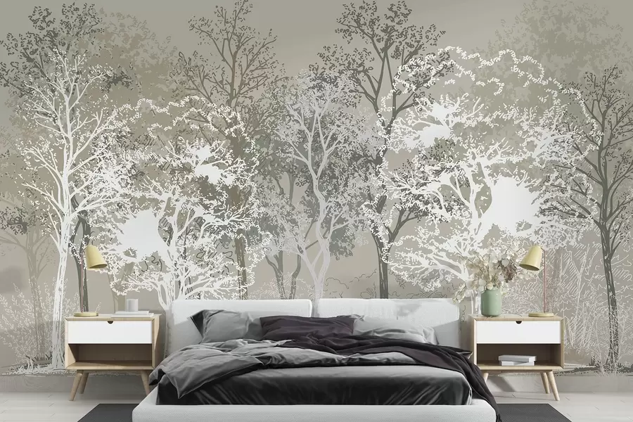 murales de pared Árboles en el bosque, minimalismo, naturaleza, paleta de colores verdes  w02930v1