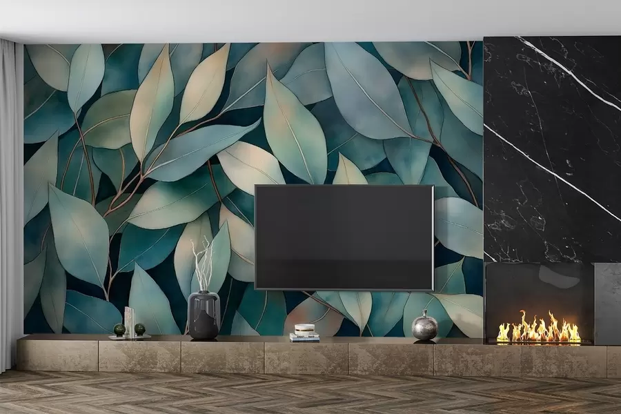 murales de pared Hojas de eucalipto, dibujo estilo acuarela, motivo floral, colores verdes w02931