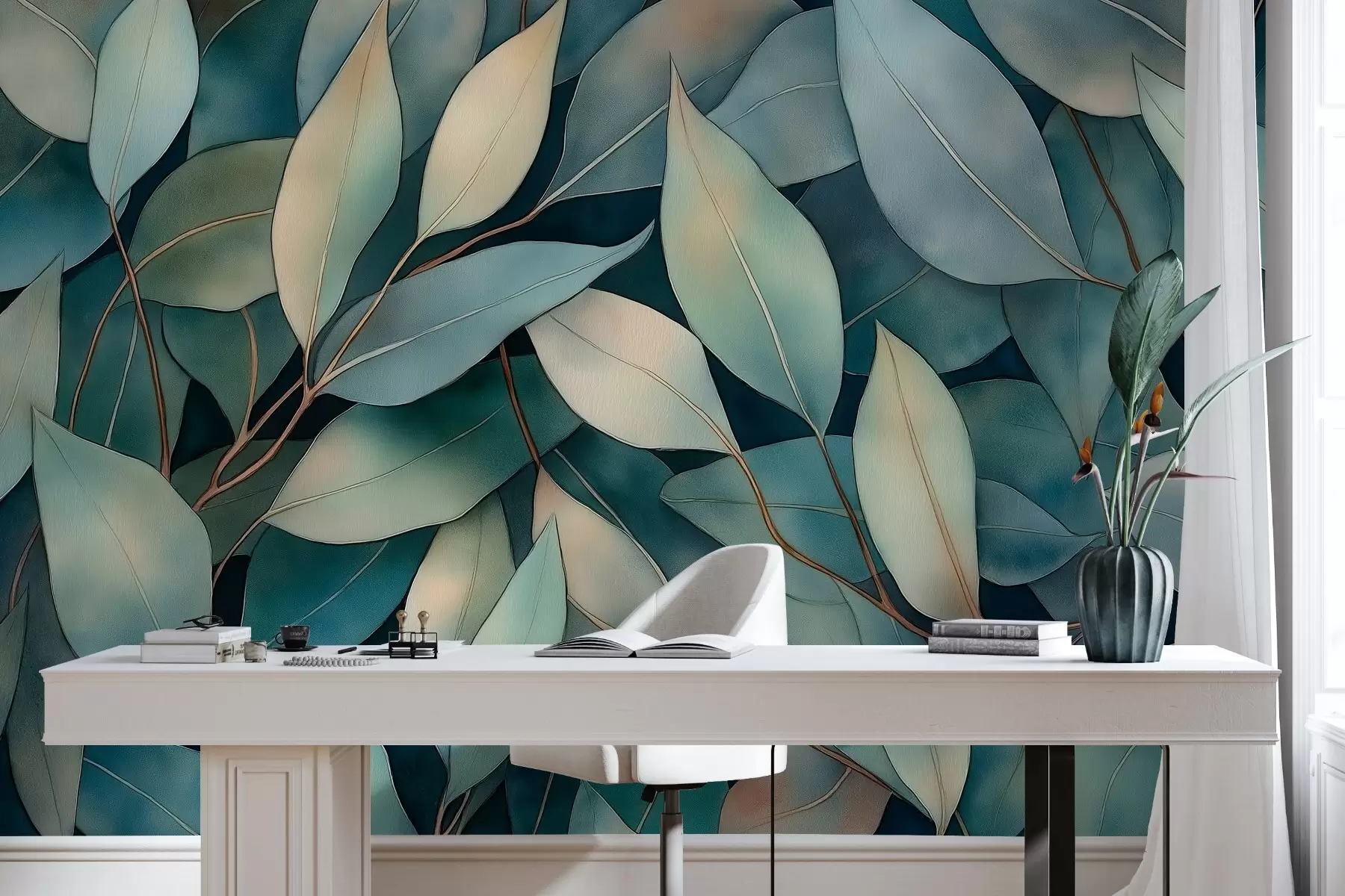 murales de pared Hojas de eucalipto, dibujo estilo acuarela, motivo floral, colores verdes w02931