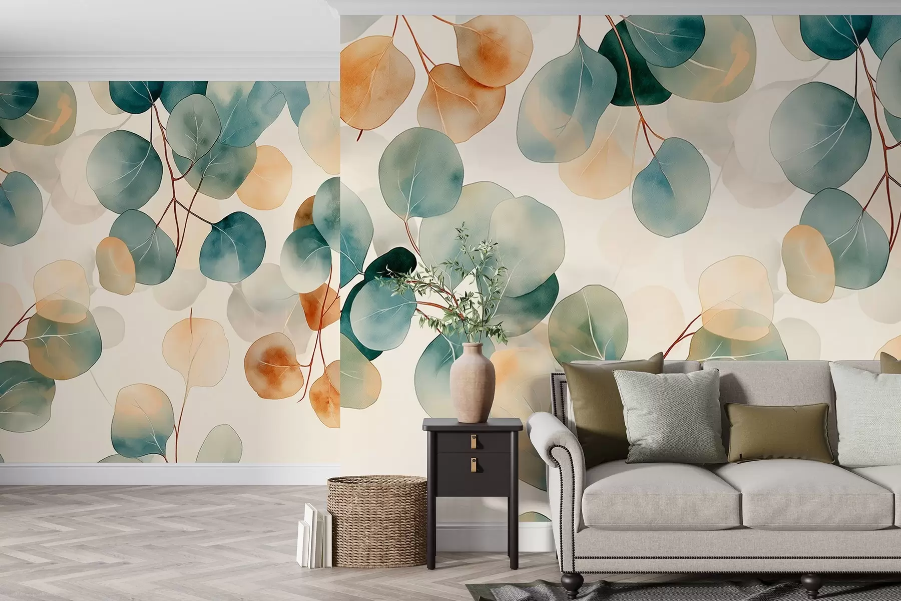 murales de pared Dibujo de eucalipto estilo acuarela, colores pastel suaves, floral w02938