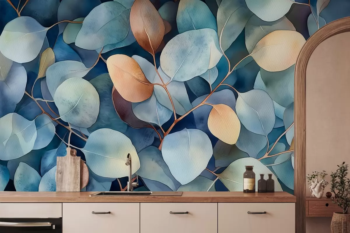 murales de pared Hermosas hojas de eucalipto, patrón floral, dibujo estilo acuarela w02939