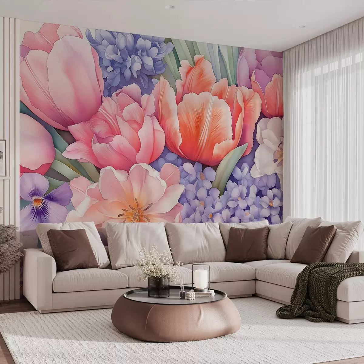 murales de pared Ramo floral, tulipanes, jacintos, colores morados, primavera w02941