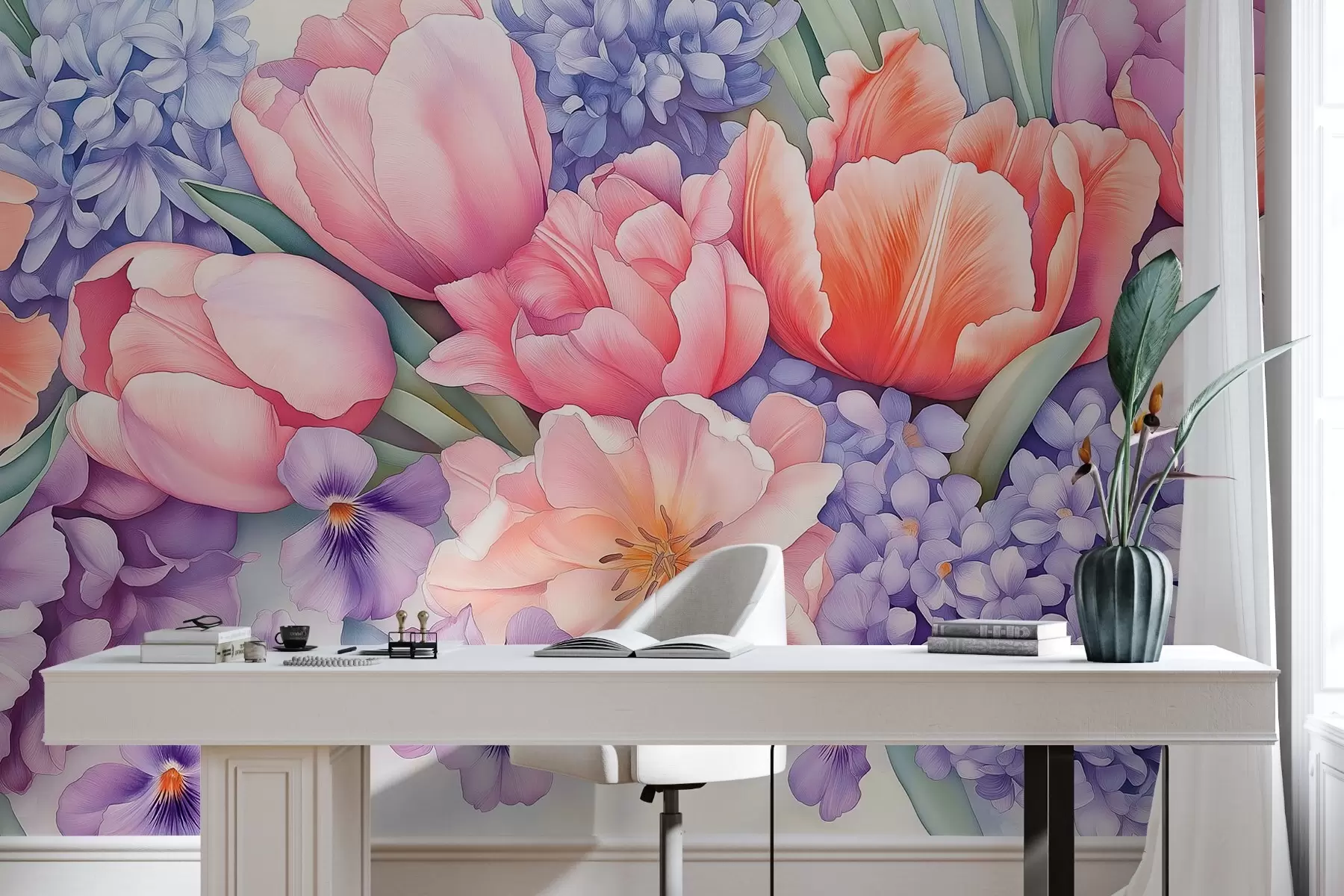 murales de pared Ramo floral, tulipanes, jacintos, colores morados, primavera w02941