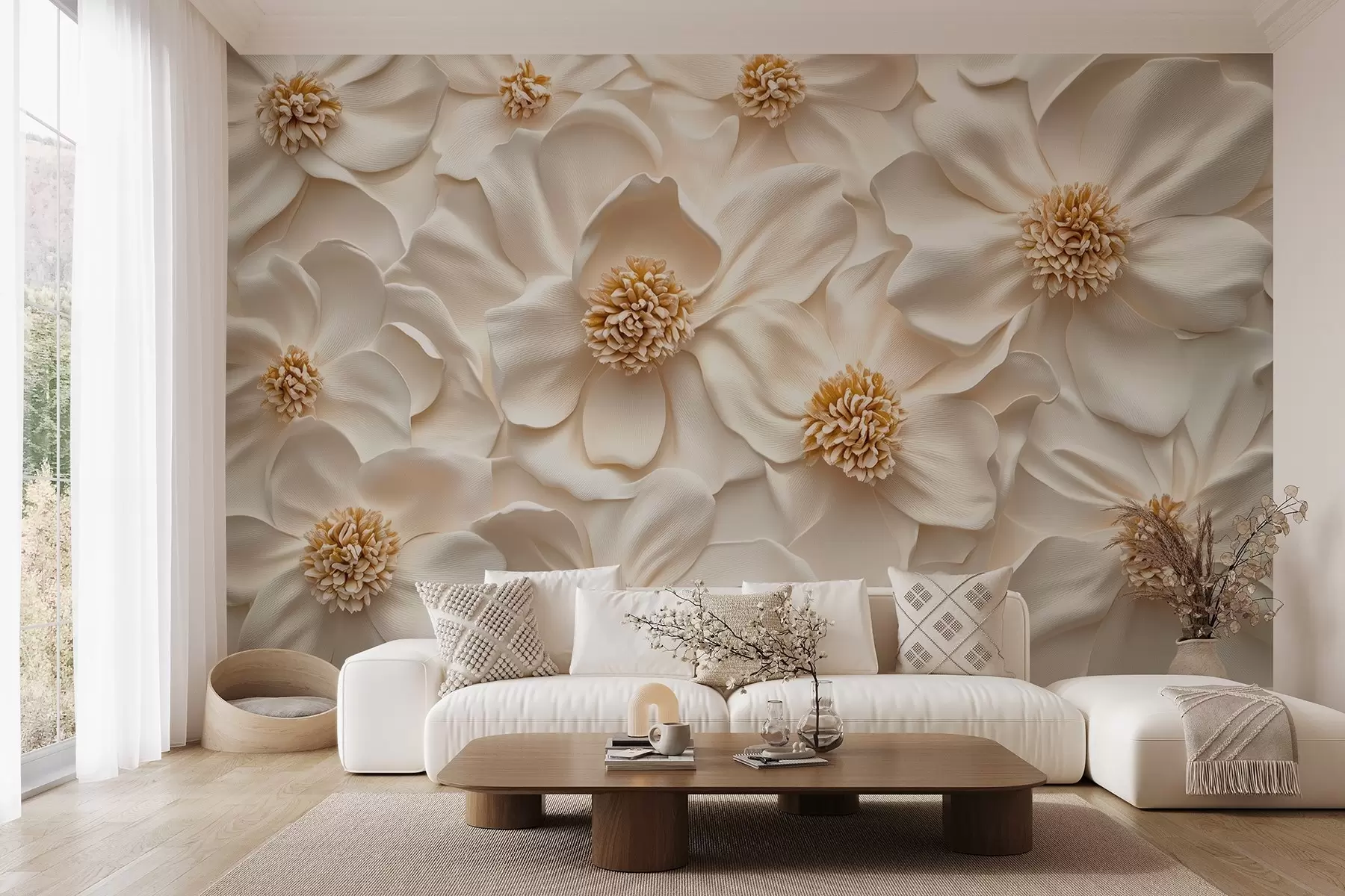 murales de pared composición floral en 3D de color beige con toques amarillos w08691