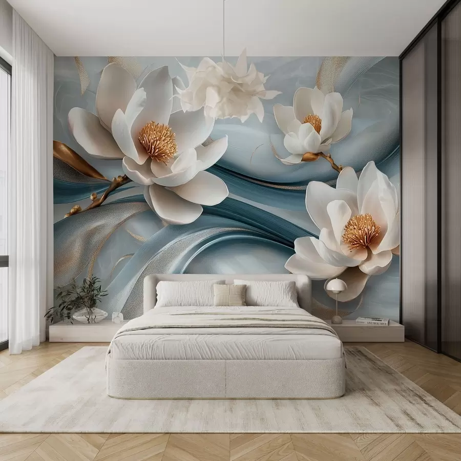 murales de pared Flores de magnolia combinadas con tonos azules, blancos y amarillos con ondas abstractas w08695