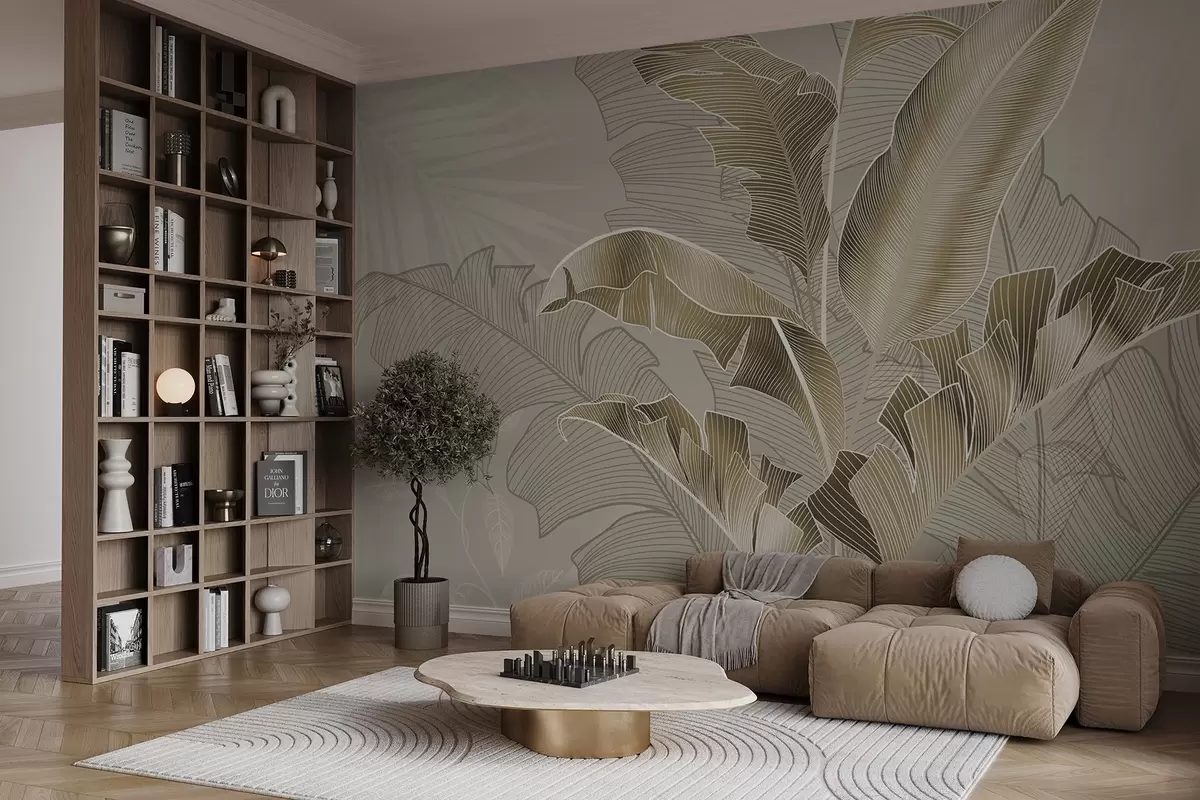 murales de pared Una armoniosa composición de hojas tropicales en tonos beige y marrón, con un detallado trabajo de líneas w08698