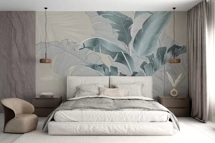 murales de pared Una armoniosa composición de hojas tropicales en tonos beige y turquesa, con un detallado trabajo de líneas w08698v1