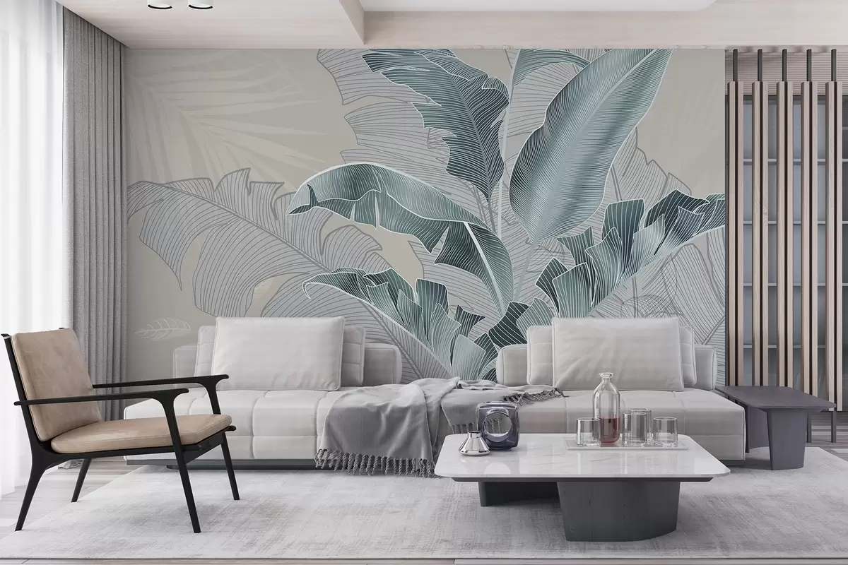 murales de pared Una armoniosa composición de hojas tropicales en tonos beige y turquesa, con un detallado trabajo de líneas w08698v1