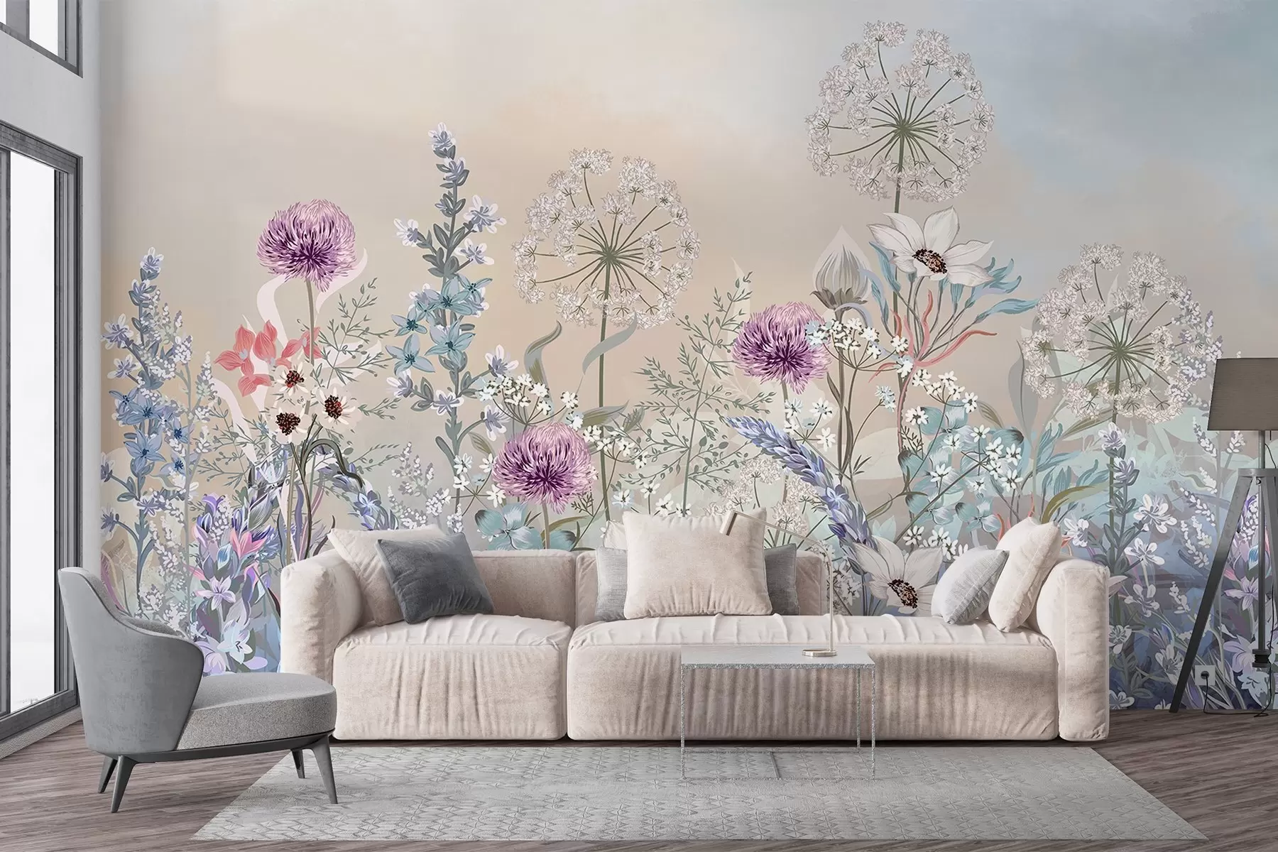 murales de pared Un vibrante jardín floral con varias flores y hierba sobre un fondo con textura degradada de suaves colores pastel w08699