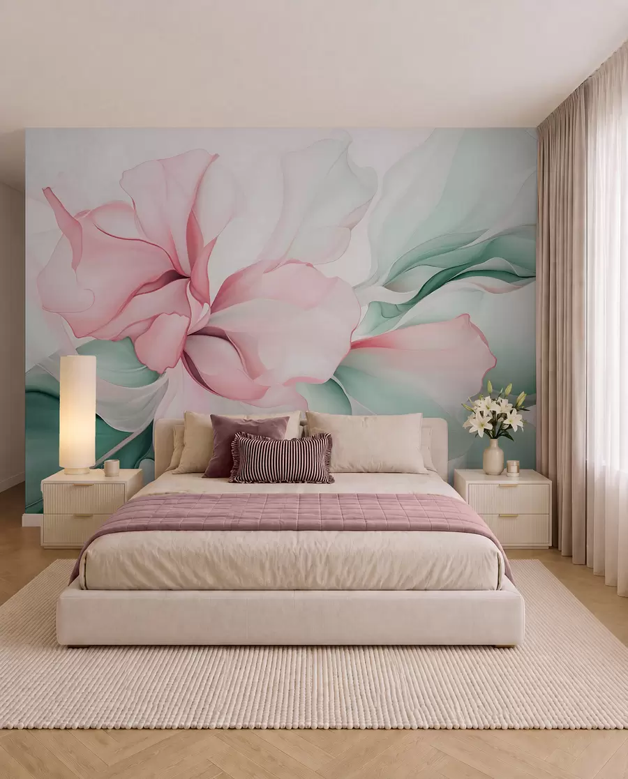 murales de pared Pétalos florales abstractos fluidos de formas translúcidas y superpuestas en colores pastel, en tonos rosas y verdes w08701v1
