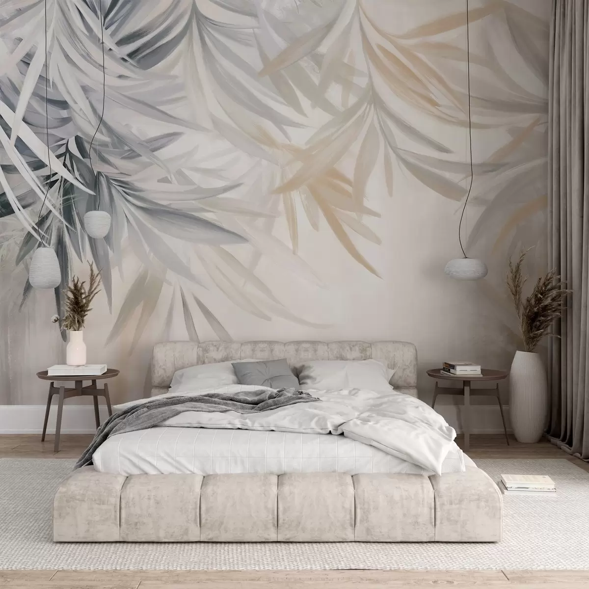 murales de pared Suaves y fluidas hojas tropicales de color claro en tonos grises y melocotón, que se funden en un estampado pálido y neutro w08703