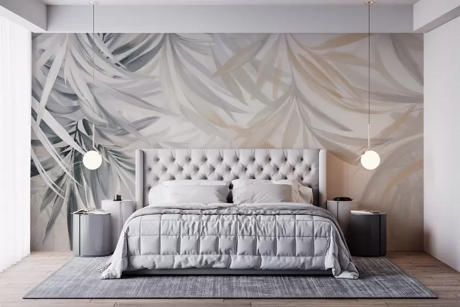 murales de pared Suaves y fluidas hojas tropicales de color claro en tonos grises y melocotón, que se funden en un estampado pálido y neutro w08703