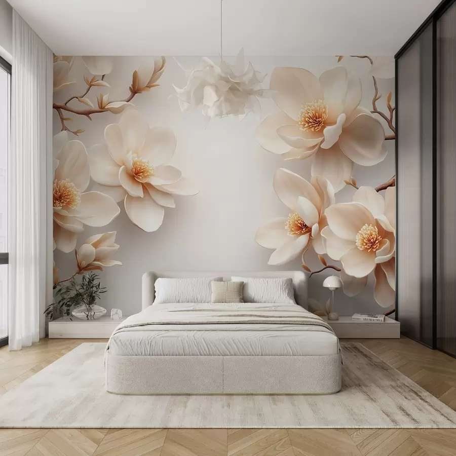murales de pared Preciosas flores de magnolia de color crema sobre fondo blanco w08704