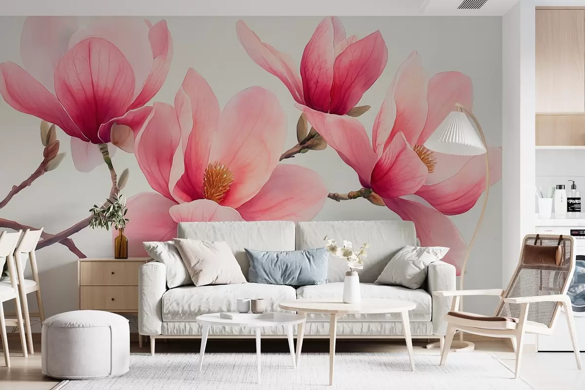 murales de pared Flores de magnolia rosa de primavera en estilo acuarela sobre fondo gris claro w08709