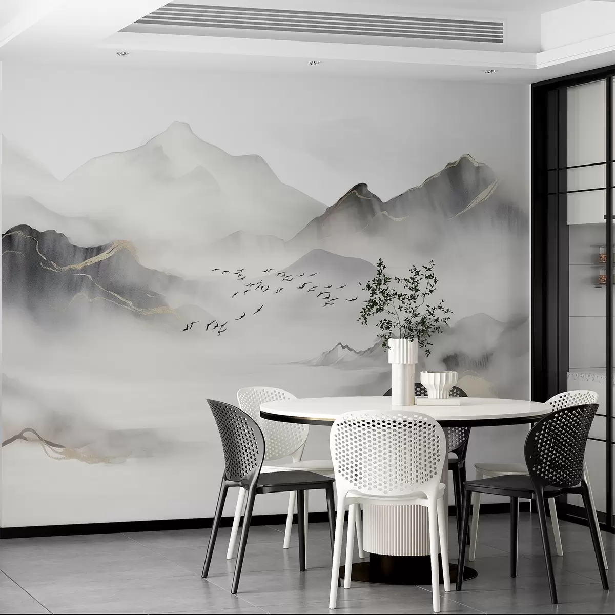 murales de pared Delicadas montañas en la niebla en estilo acuarela w08719