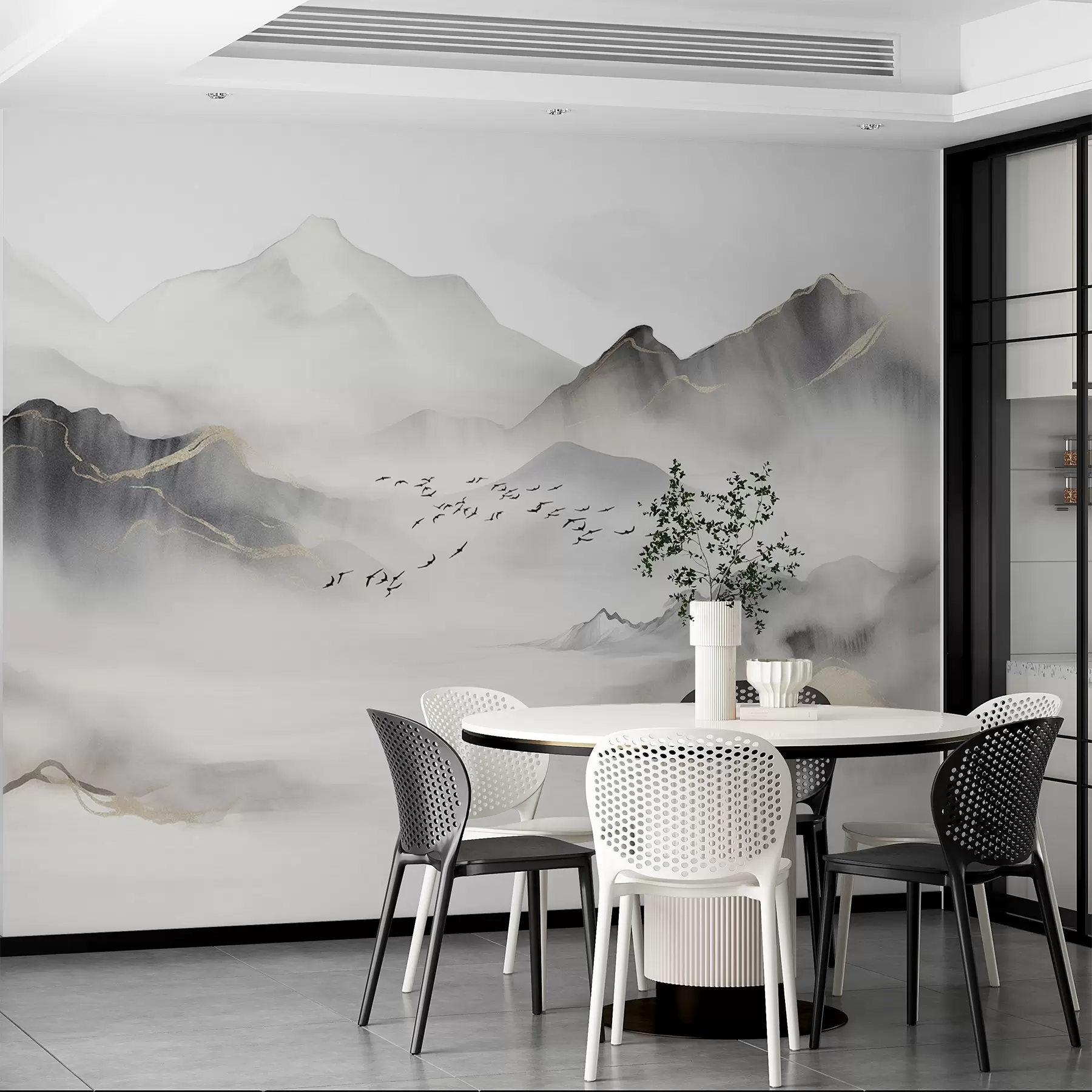 murales de pared Delicadas montañas en la niebla en estilo acuarela w08719