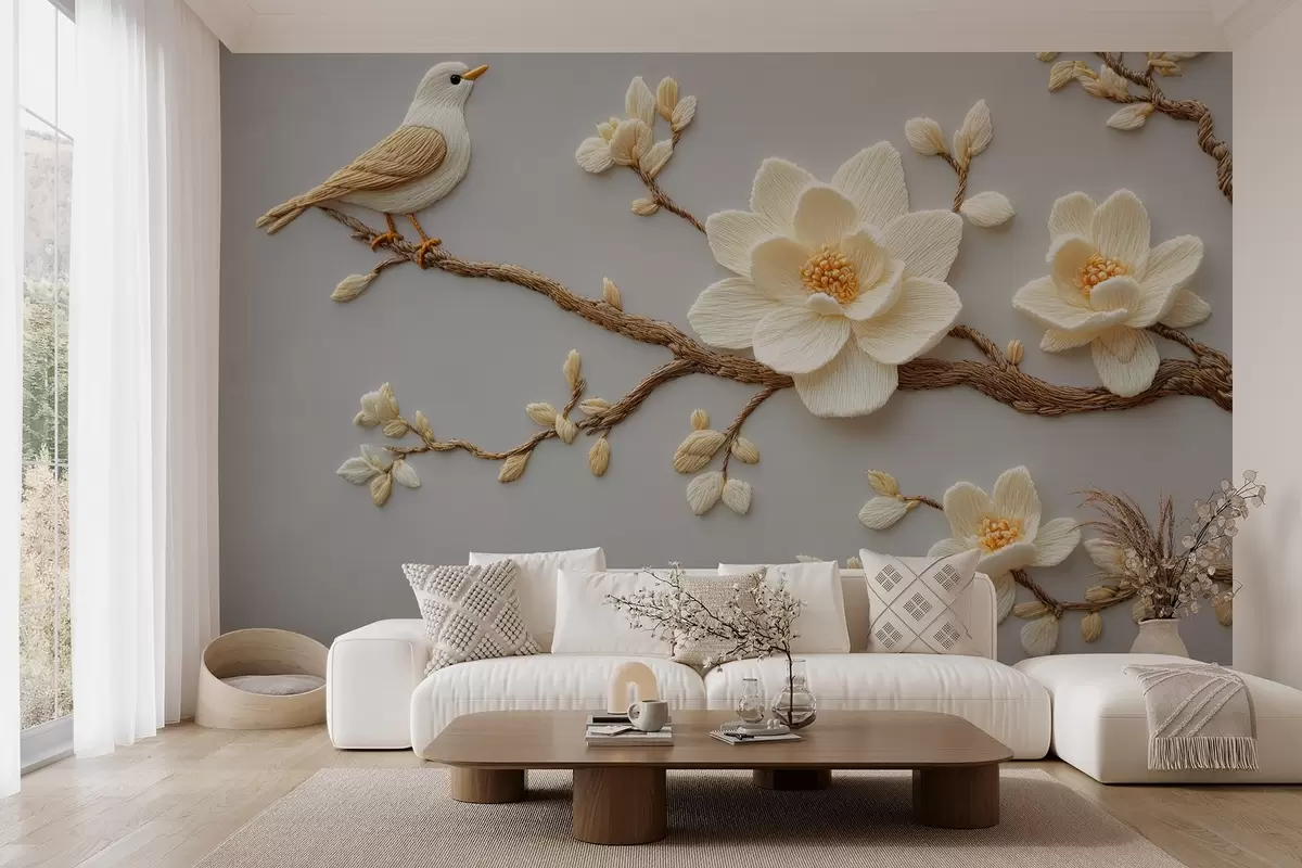 murales de pared En el estilo de las flores de magnolia bordadas con un pájaro en una rama sobre un fondo azul claro w08724