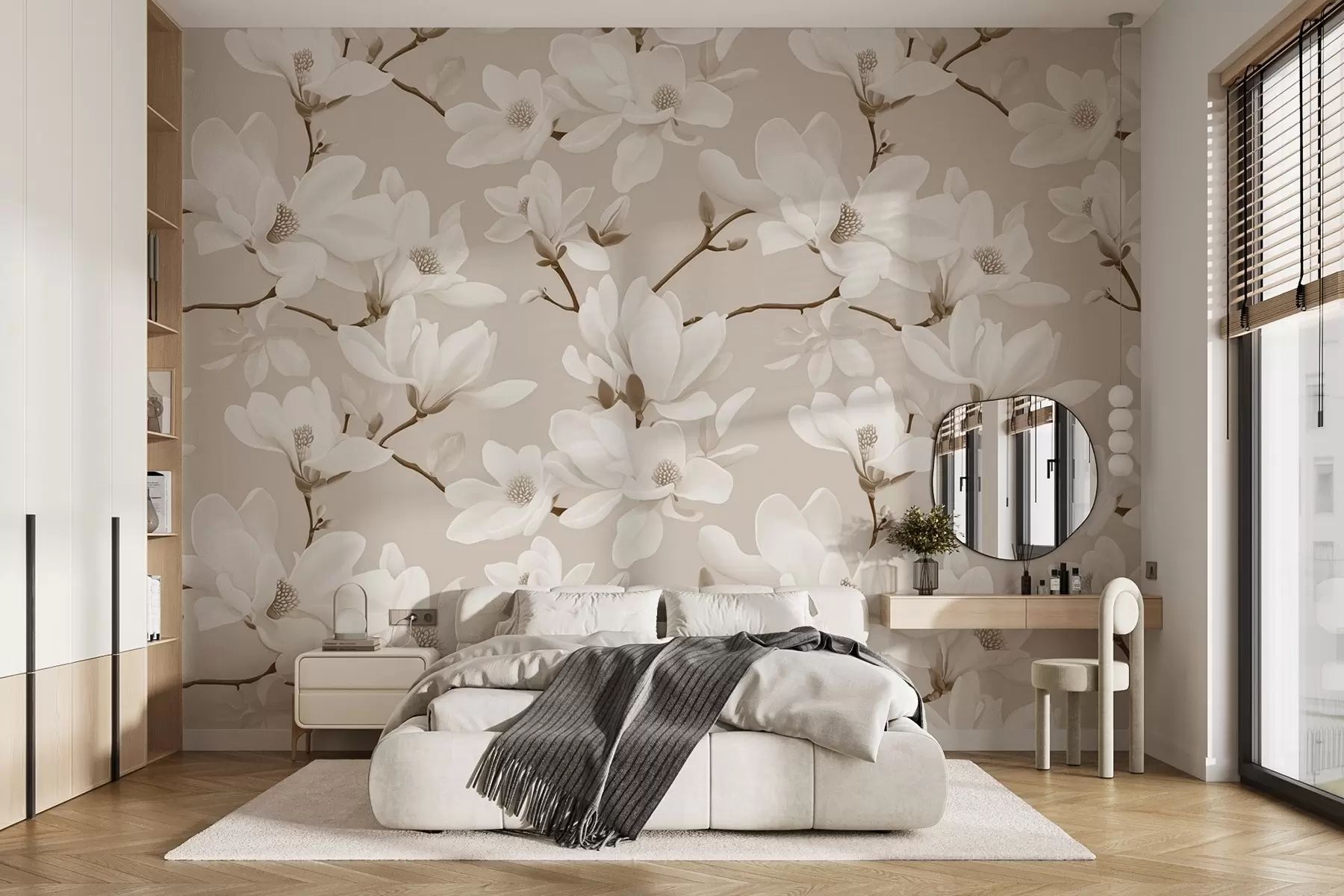 murales de pared Estampado de flores blancas de magnolia, en tonos beige, hojas y ramas blancas w08726v1