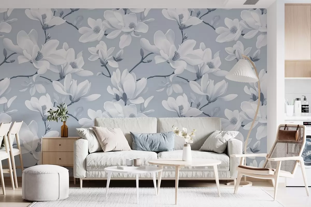 murales de pared Estampado de flores blancas de magnolia, en tonos azul claro, hojas y ramas blancas w08726v2