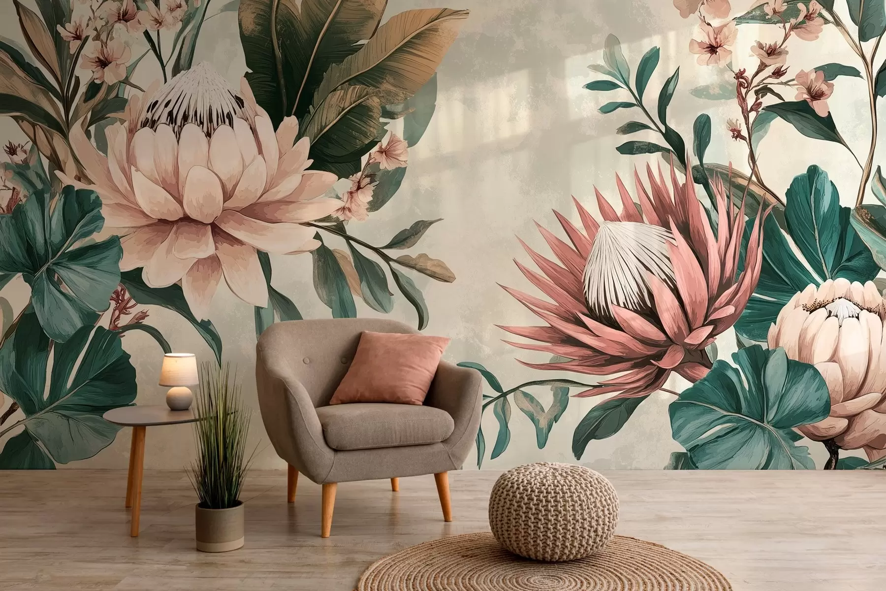 murales de pared plantas exóticas, hojas de palmera y flores de protea inspiradas en el vintage w03015