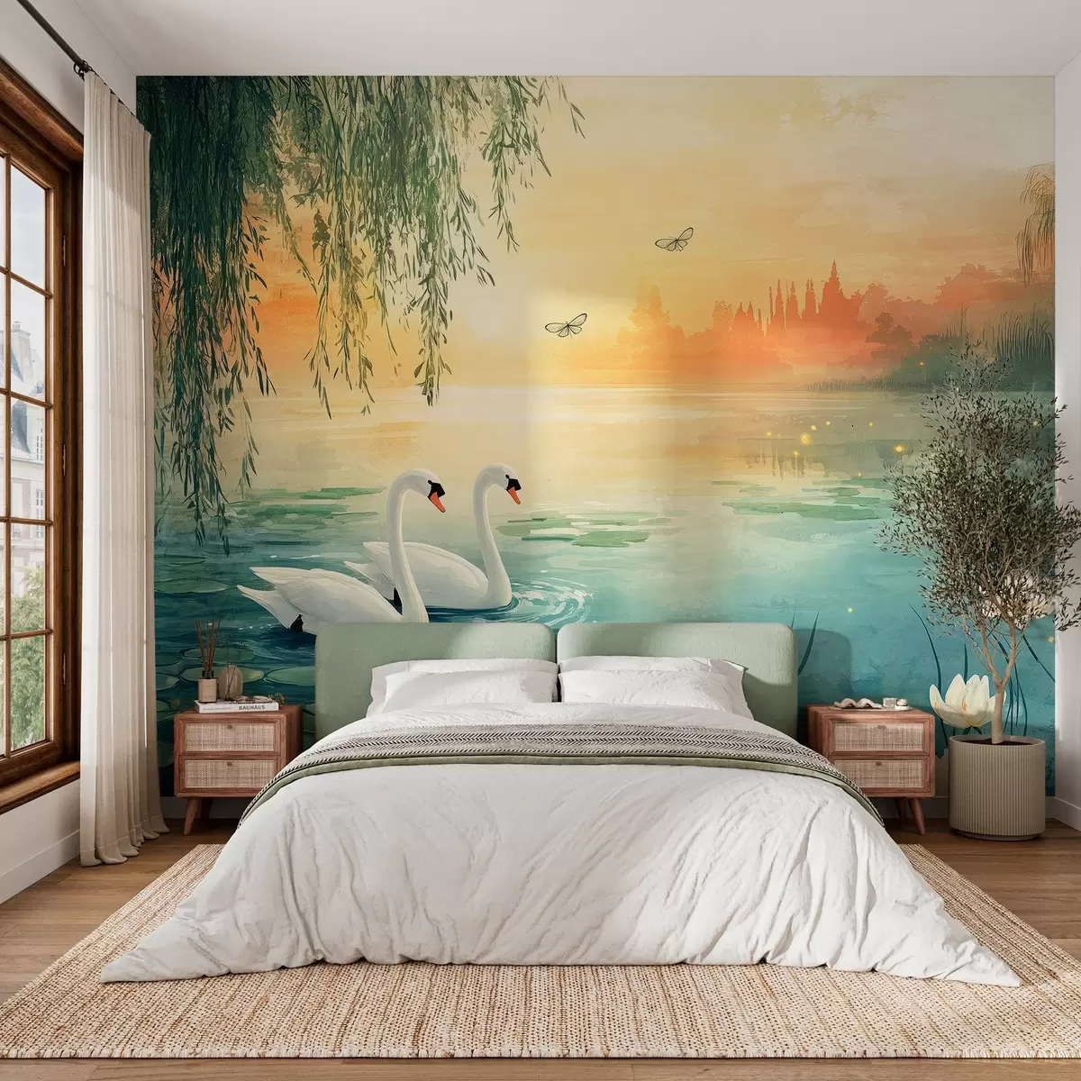 murales de pared Paisaje romántico al óleo con dos cisnes blancos en el lago w03017