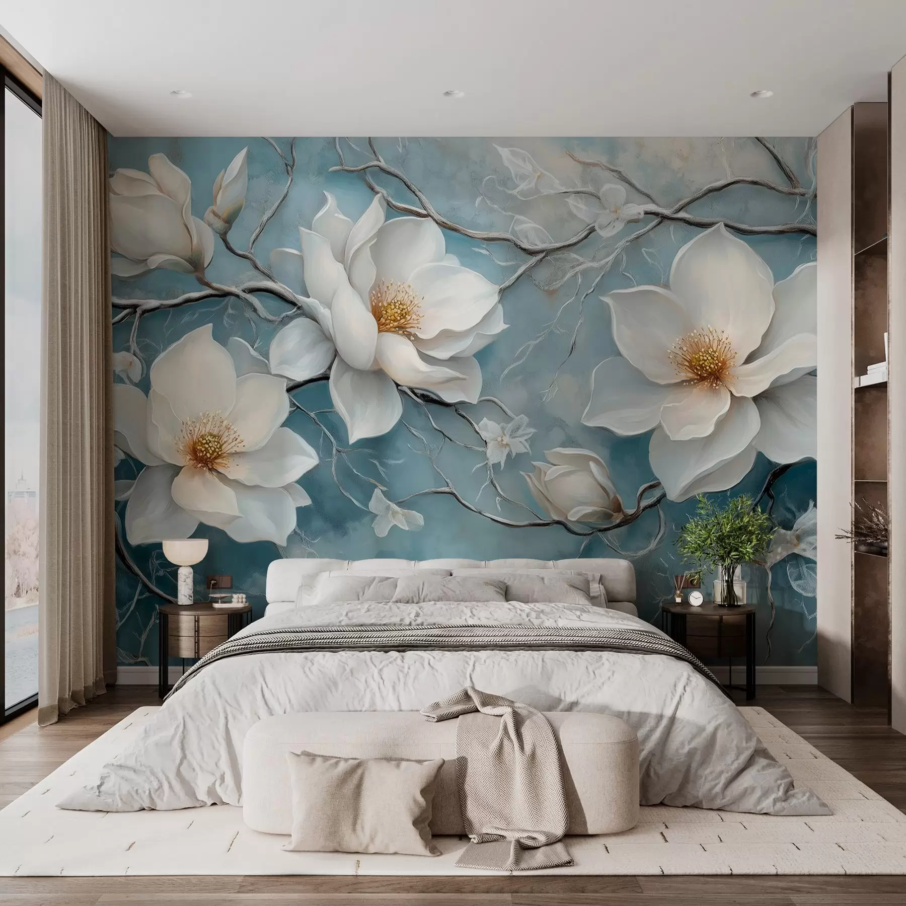 murales de pared Flores blancas escarchadas sobre fondo azul al estilo de la pintura al óleo w03018
