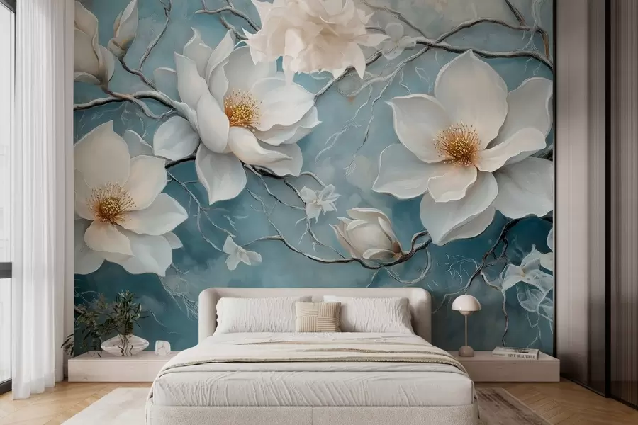 murales de pared Flores blancas escarchadas sobre fondo azul al estilo de la pintura al óleo w03018