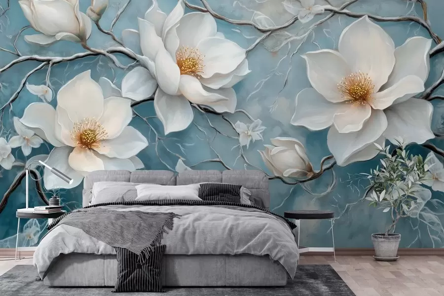 murales de pared Flores blancas escarchadas sobre fondo azul al estilo de la pintura al óleo w03018