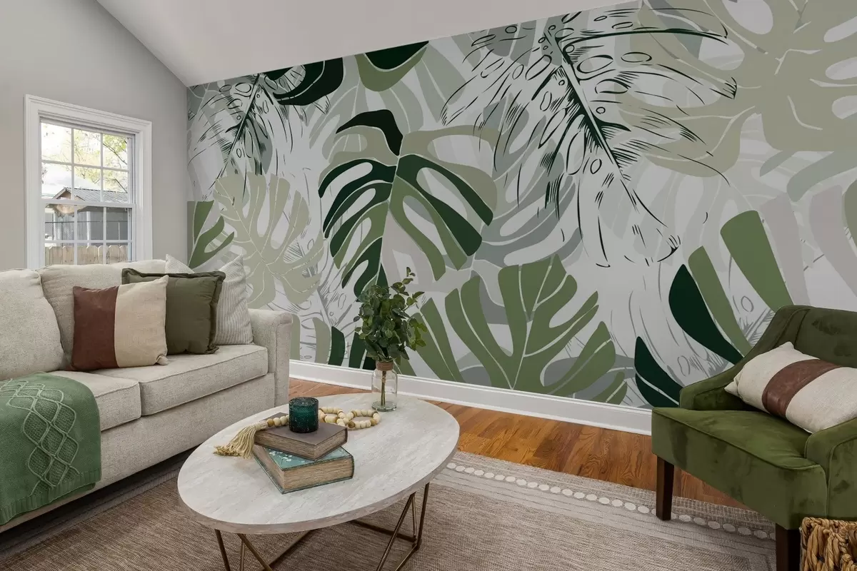 murales de pared Hojas de Monstera en estilo gráfico w02995