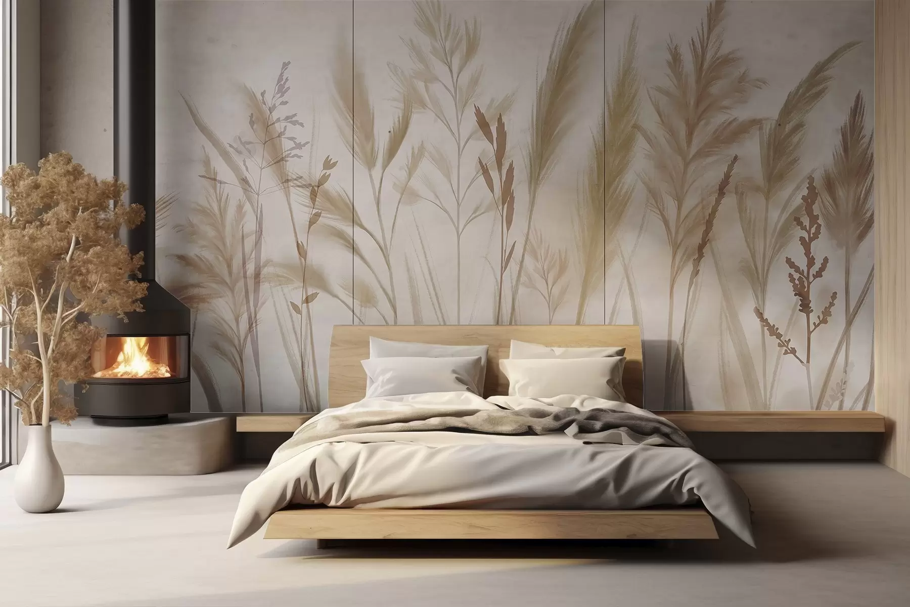 murales de pared Hierbas altas y delicadas, espiguillas y plantas en suaves tonos beige y crema, sobre un fondo ligeramente difuminado w08736