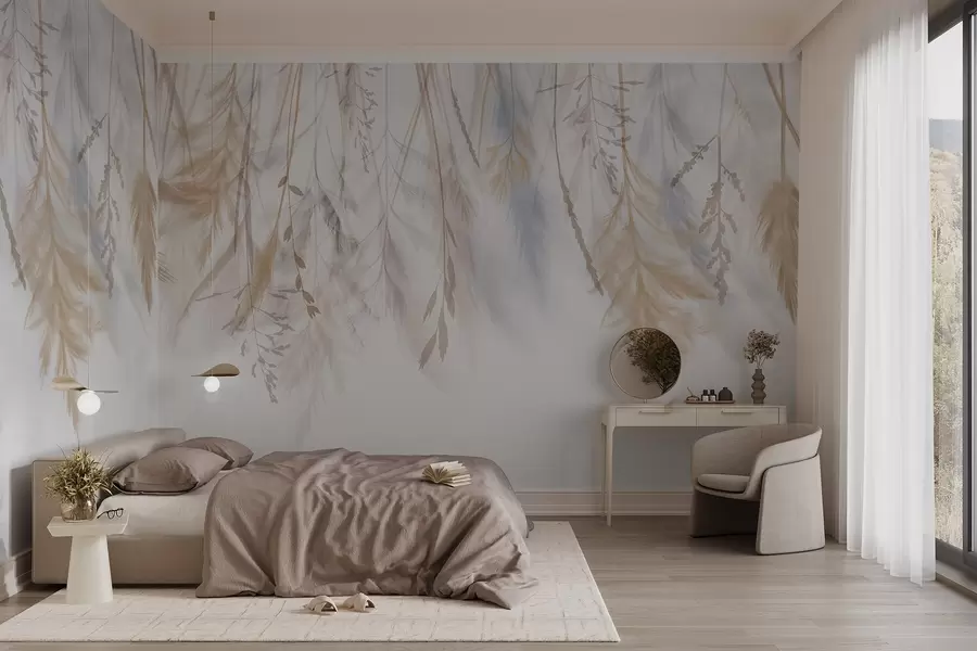 murales de pared Delicadas hierbas, espiguillas y plantas en tonos pastel, dispuestas en un estampado en cascada sobre un fondo pálido w08737