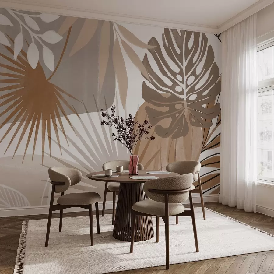 murales de pared Diseño abstracto con varias hojas tropicales en tonos tierra, marrón, beige y crema  w08738