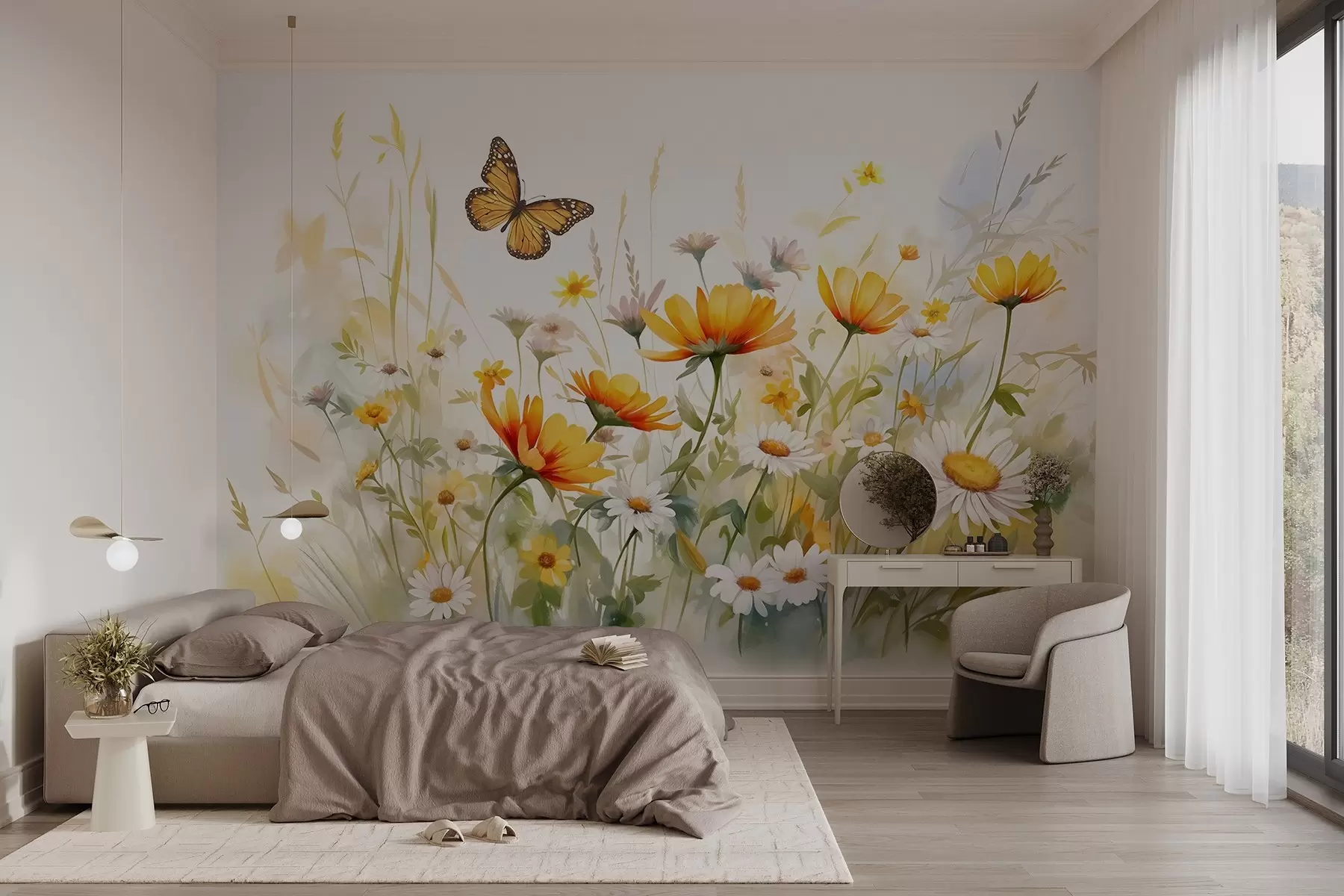 murales de pared Un vibrante campo de flores en forma de acuarela con flores naranjas y amarillas y una mariposa sobre las flores w08739