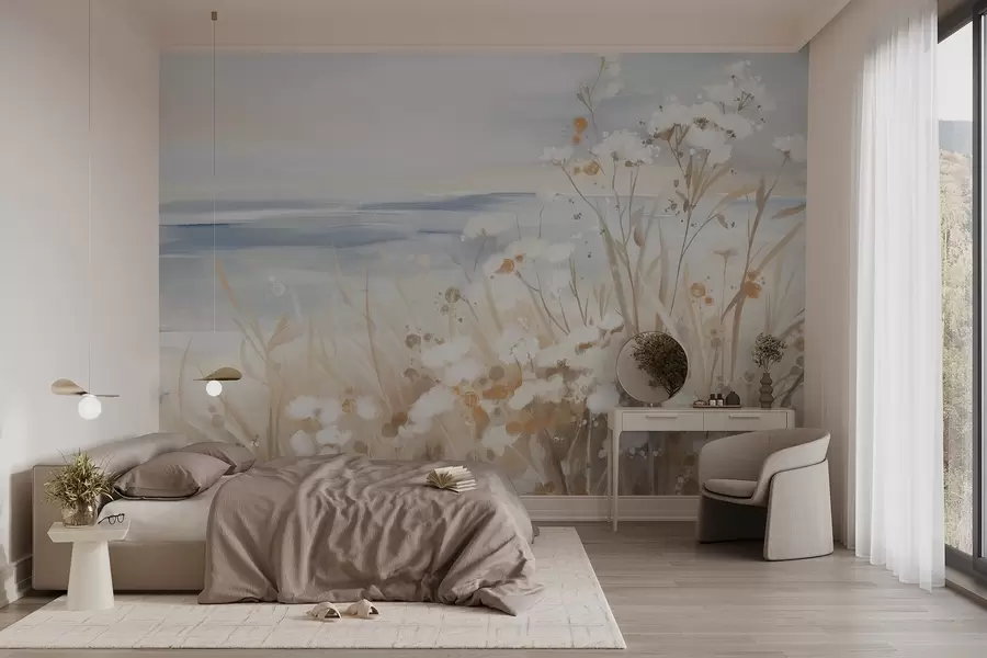 murales de pared Flores abstractas blancas con delicados tallos en una hierba, sobre un fondo suave y apagado de un mar y un cielo en calma  w08740